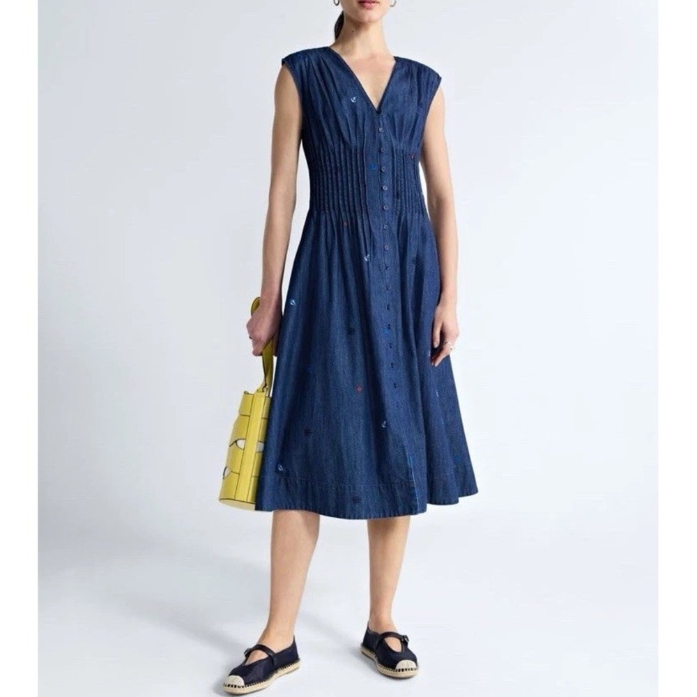 Free Assembly Blue Denim V-Neck Button Front Sleeveless Midi Dress W/Pockets